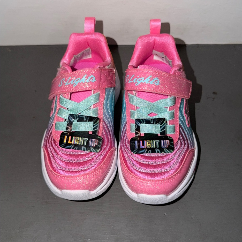 SKECHERS Girls S Sport Mae Star Print Light Up Sneakers Pink Sz 8 TODDLER - Picture 2 of 6